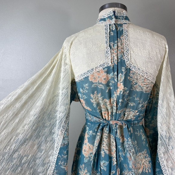 Vtg 70s Gunne Sax By Jessica Floral Voile Dress XS S Lace Boho Bell Sleeve - Picture 6 of 14